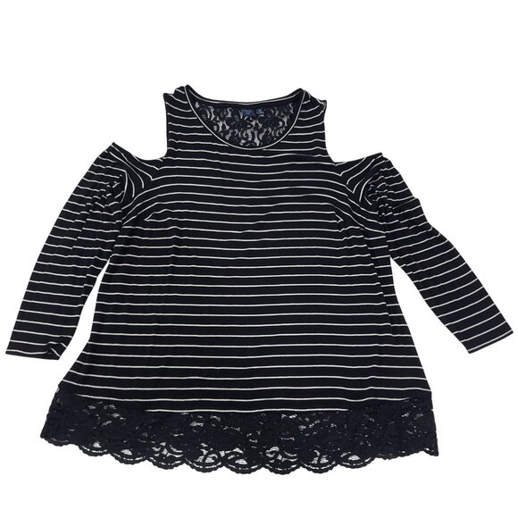 Kaari Blue Womens 2X Cold Shoulder Black Striped Top Lace Hem Long Sleeve - Picture 1 of 11
